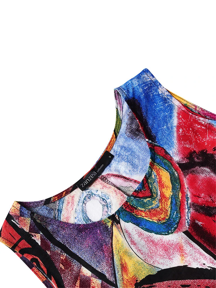 (image for)  Plus Size Women Long Dress Retro O-neck Abstracted Print Sleeveless Beach Maxi Dress with Pockets