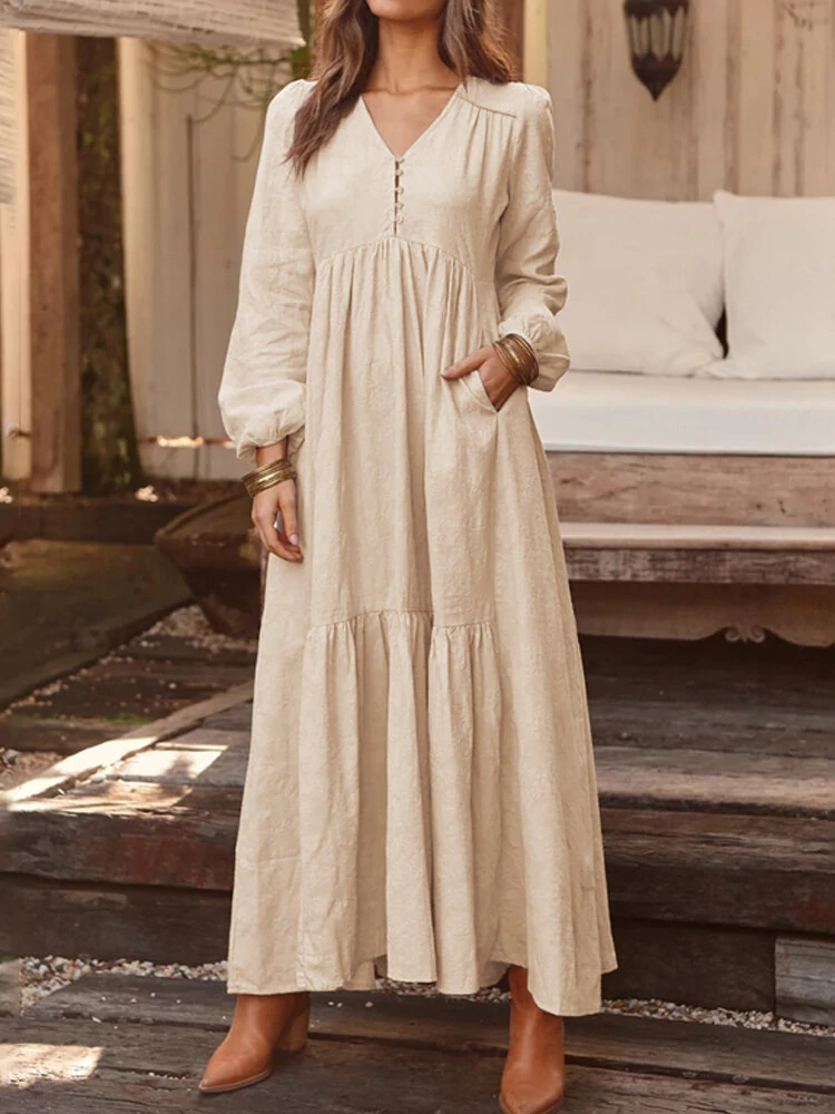 (image for)  Plus Size Women Long Dress Solid Color V-neck Long Sleeve Causal Maxi Dress