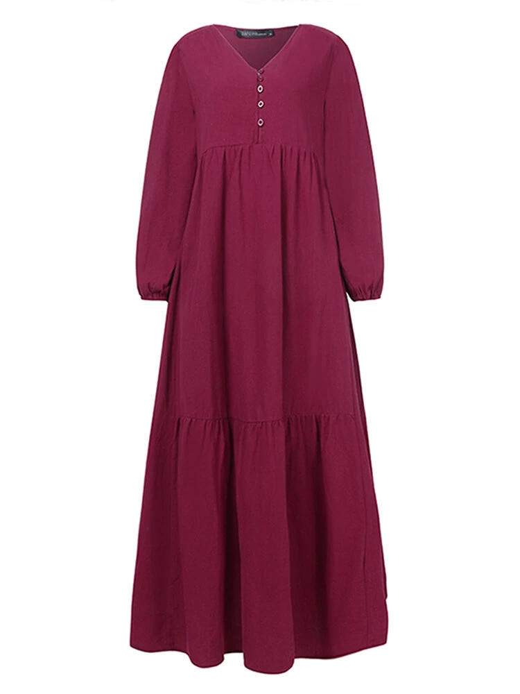 (image for)  Plus Size Women Long Dress Solid Color V-neck Long Sleeve Causal Maxi Dress
