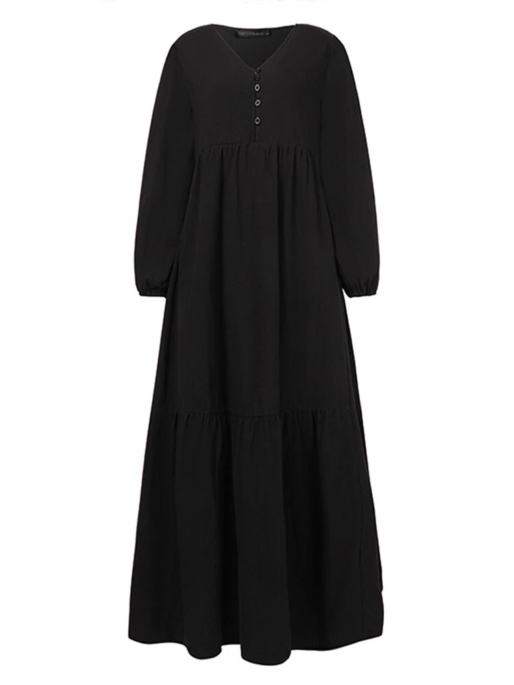 (image for)  Plus Size Women Long Dress Solid Color V-neck Long Sleeve Causal Maxi Dress