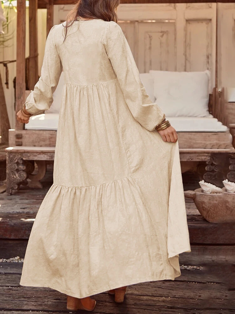 (image for)  Plus Size Women Long Dress Solid Color V-neck Long Sleeve Causal Maxi Dress