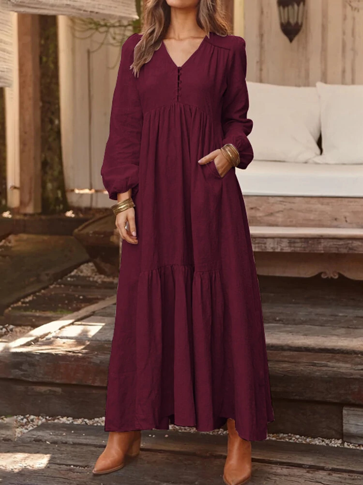 (image for)  Plus Size Women Long Dress Solid Color V-neck Long Sleeve Causal Maxi Dress