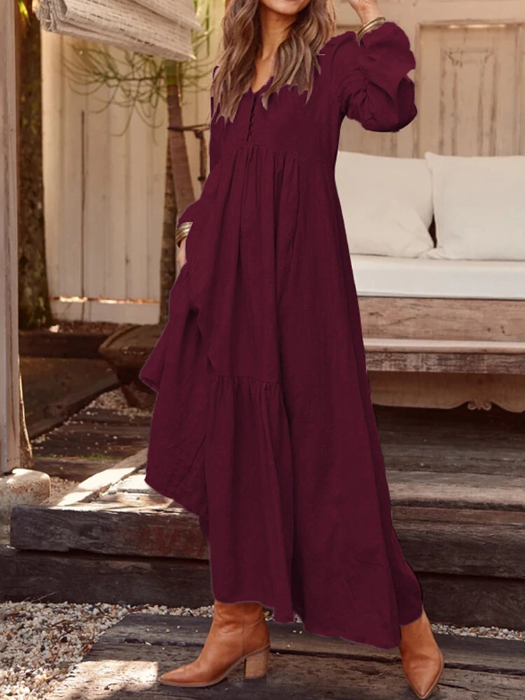 (image for)  Plus Size Women Long Dress Solid Color V-neck Long Sleeve Causal Maxi Dress