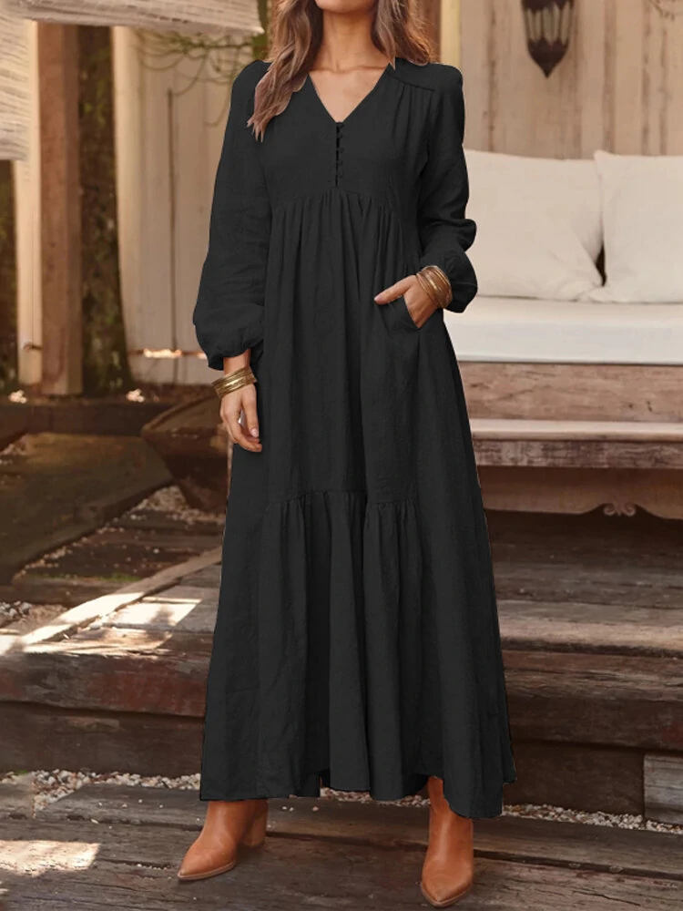 (image for)  Plus Size Women Long Dress Solid Color V-neck Long Sleeve Causal Maxi Dress