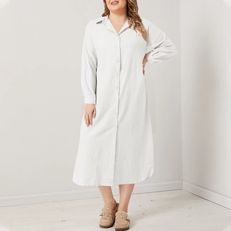 (image for)  Plus Size Women Long Shirt Dress Solid Color Curved Hem Split Lapel Loose Fit Shirt Dress