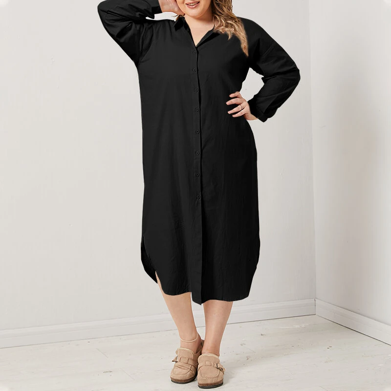 (image for)  Plus Size Women Long Shirt Dress Solid Color Curved Hem Split Lapel Loose Fit Shirt Dress