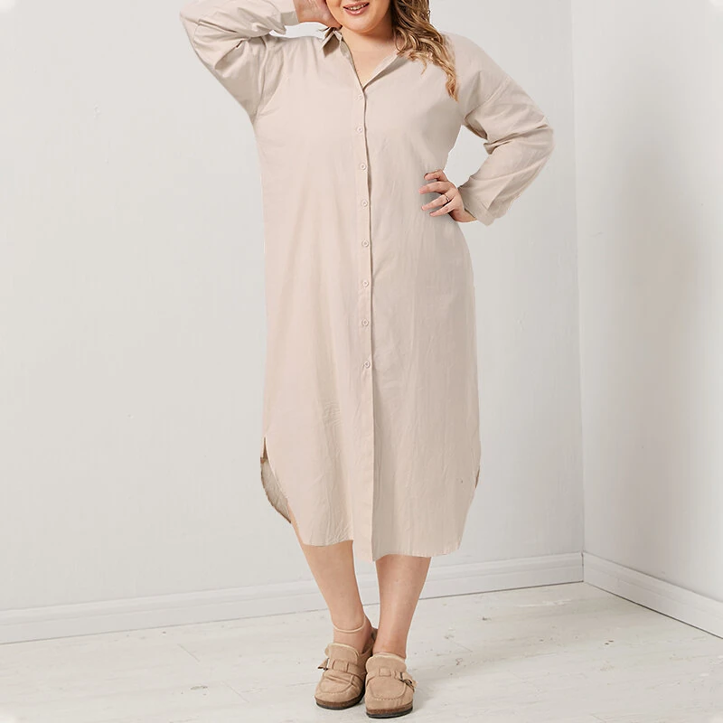 (image for)  Plus Size Women Long Shirt Dress Solid Color Curved Hem Split Lapel Loose Fit Shirt Dress