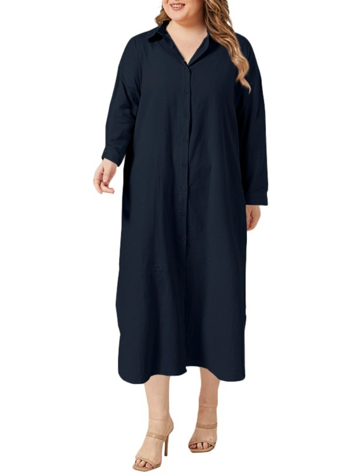 (image for)  Plus Size Women Long Shirt Dress Solid Color Curved Hem Split Lapel Loose Fit Shirt Dress