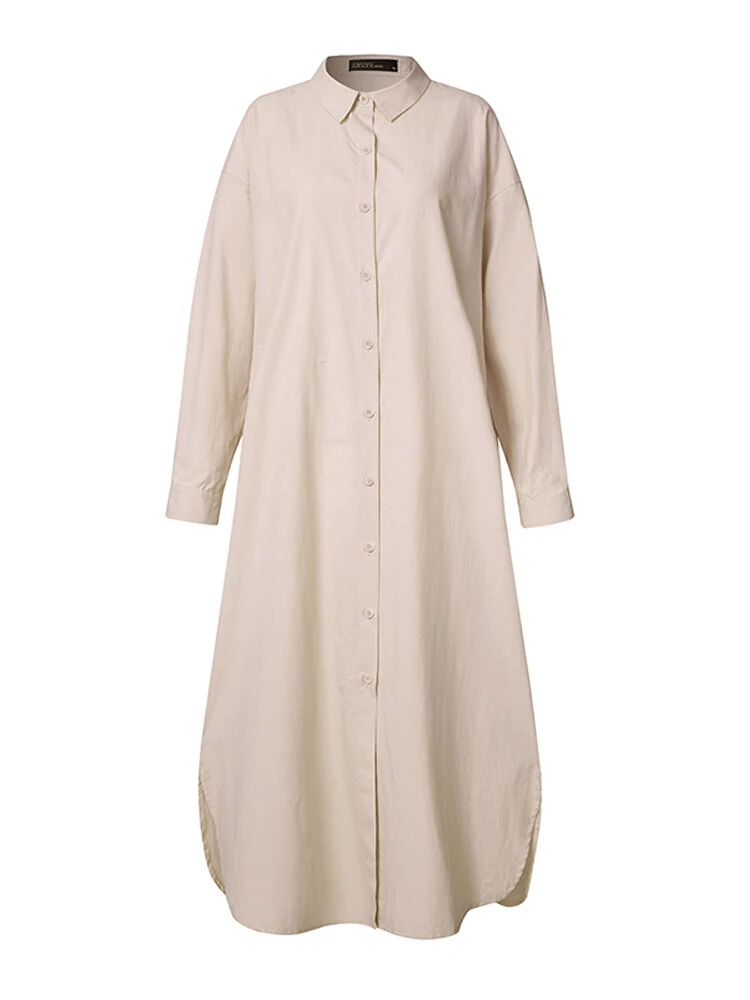 (image for)  Plus Size Women Long Shirt Dress Solid Color Curved Hem Split Lapel Loose Fit Shirt Dress