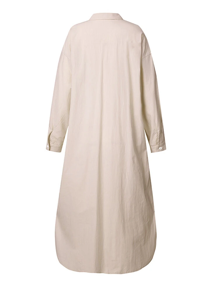 (image for)  Plus Size Women Long Shirt Dress Solid Color Curved Hem Split Lapel Loose Fit Shirt Dress