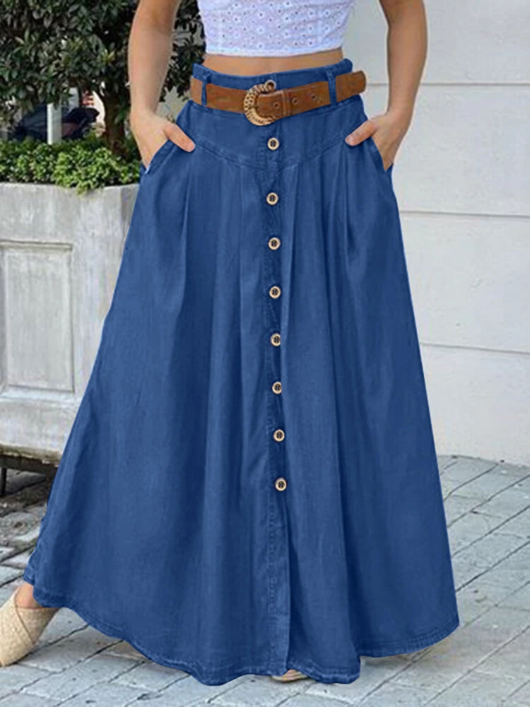 (image for)  Plus Size Women Long Skirts, Summer Button Down Dress, Solid Color Loose Casual High Waist Long Skirt With Pocket