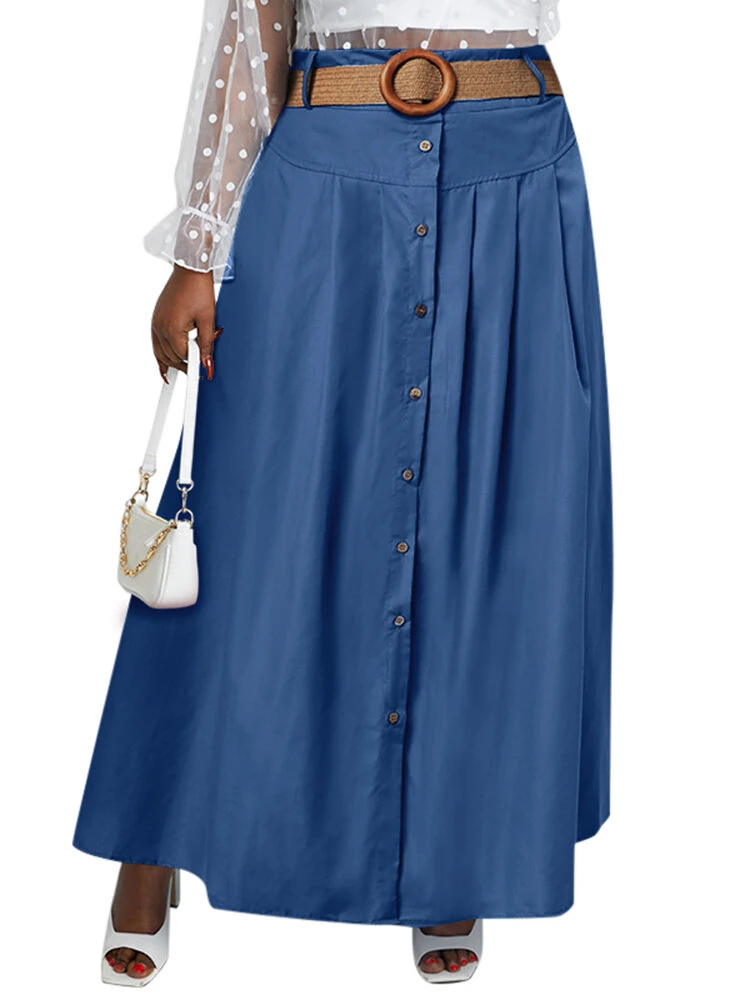 (image for)  Plus Size Women Long Skirts, Summer Button Down Dress, Solid Color Loose Casual High Waist Long Skirt With Pocket