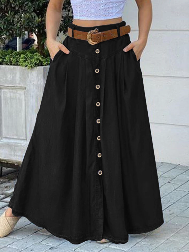 (image for)  Plus Size Women Long Skirts, Summer Button Down Dress, Solid Color Loose Casual High Waist Long Skirt With Pocket