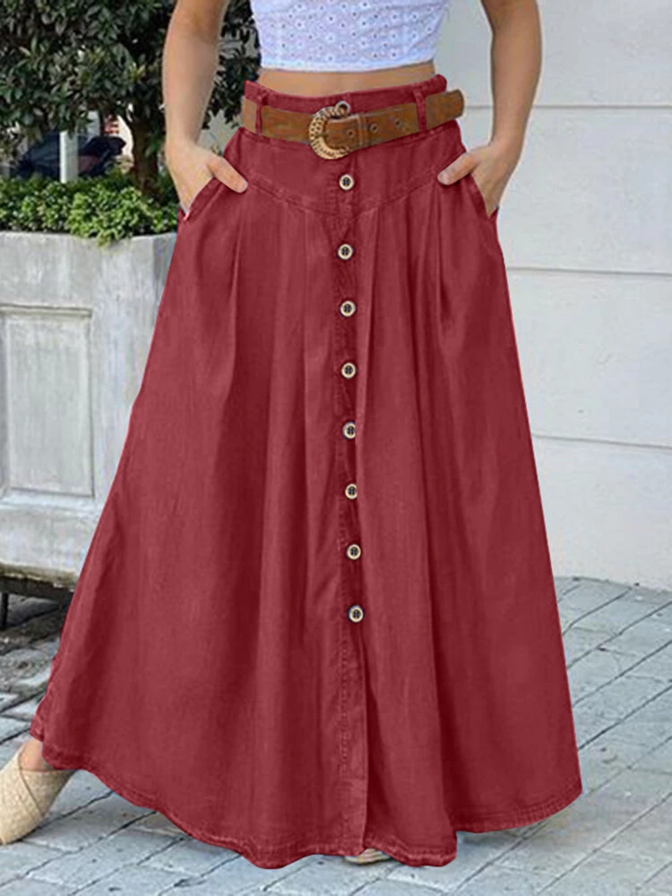 (image for)  Plus Size Women Long Skirts, Summer Button Down Dress, Solid Color Loose Casual High Waist Long Skirt With Pocket