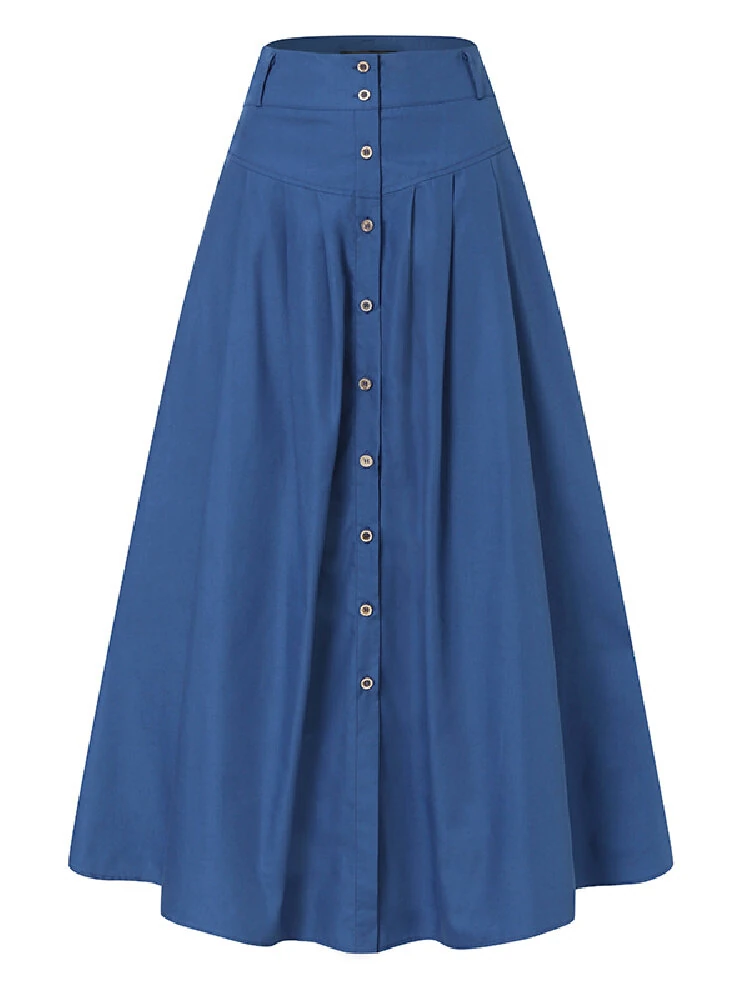 (image for)  Plus Size Women Long Skirts, Summer Button Down Dress, Solid Color Loose Casual High Waist Long Skirt With Pocket