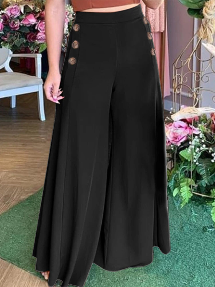(image for)  Plus Size Women Pants Solid Color Side Button Elastic Waist Loose Casual Wide Leg Pants With No Pocket
