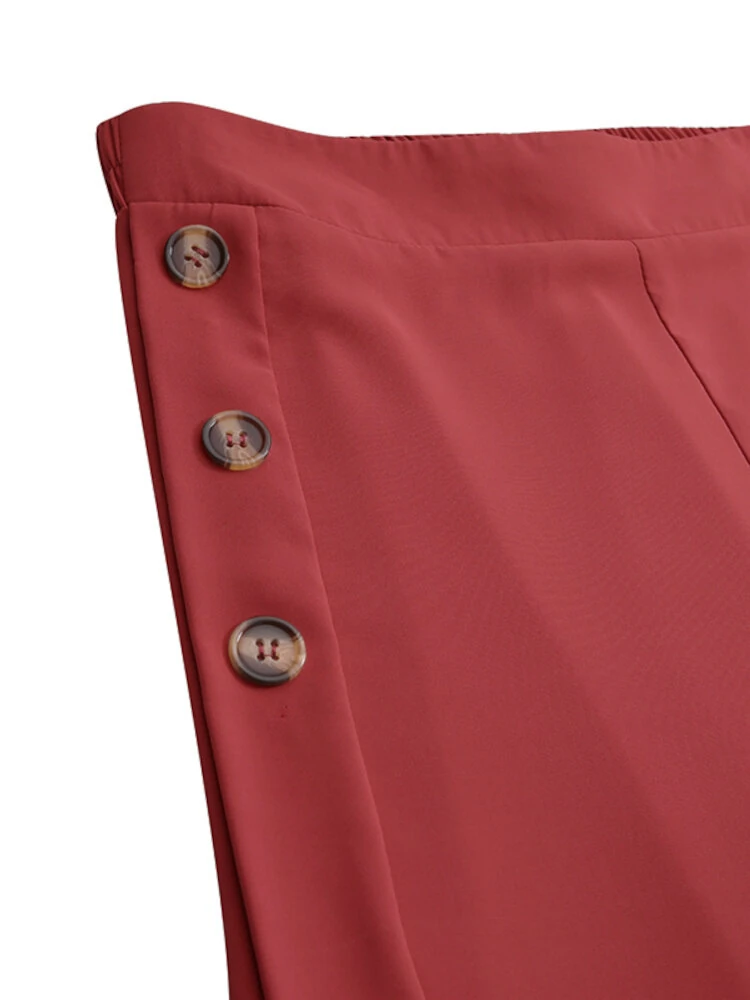 (image for)  Plus Size Women Pants Solid Color Side Button Elastic Waist Loose Casual Wide Leg Pants With No Pocket