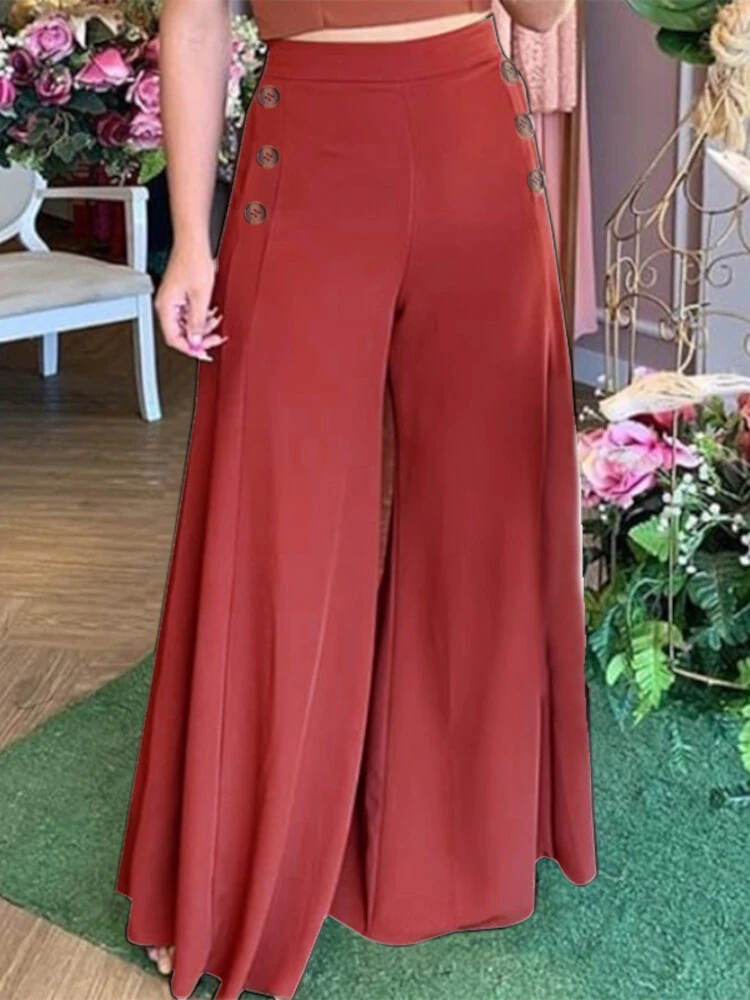 (image for)  Plus Size Women Pants Solid Color Side Button Elastic Waist Loose Casual Wide Leg Pants With No Pocket