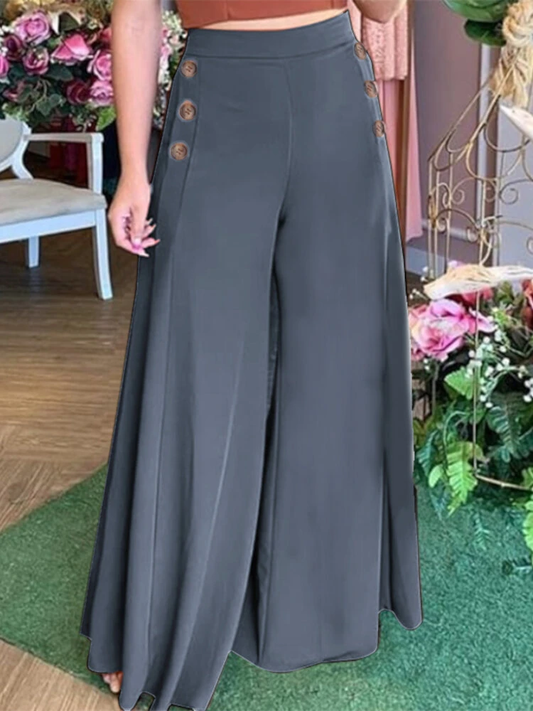 (image for)  Plus Size Women Pants Solid Color Side Button Elastic Waist Loose Casual Wide Leg Pants With No Pocket