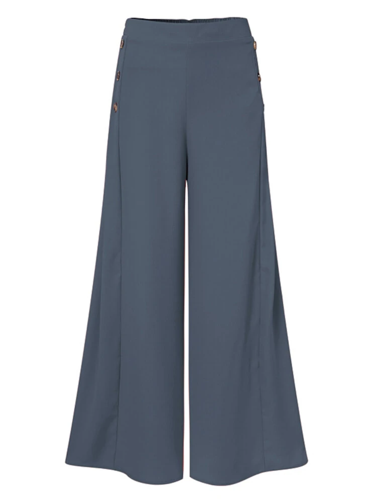 (image for)  Plus Size Women Pants Solid Color Side Button Elastic Waist Loose Casual Wide Leg Pants With No Pocket