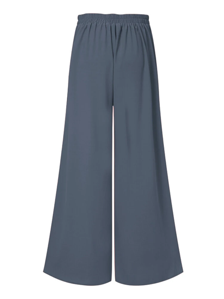 (image for)  Plus Size Women Pants Solid Color Side Button Elastic Waist Loose Casual Wide Leg Pants With No Pocket