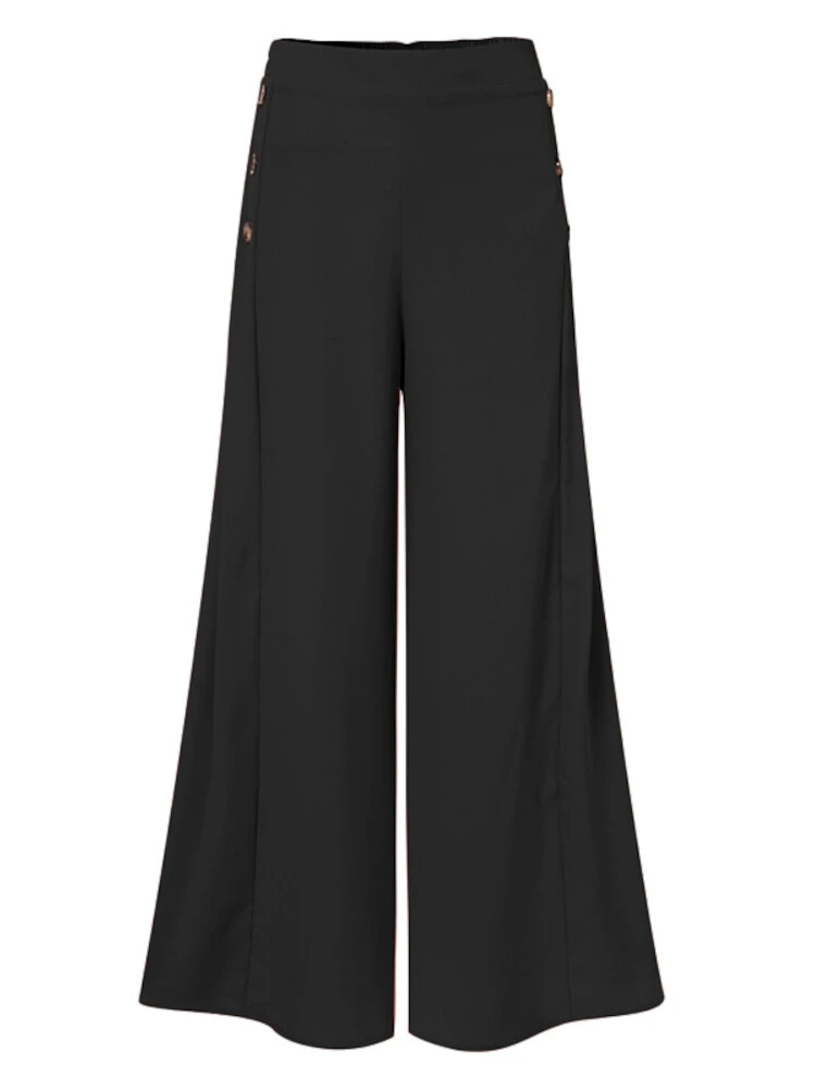(image for)  Plus Size Women Pants Solid Color Side Button Elastic Waist Loose Casual Wide Leg Pants With No Pocket