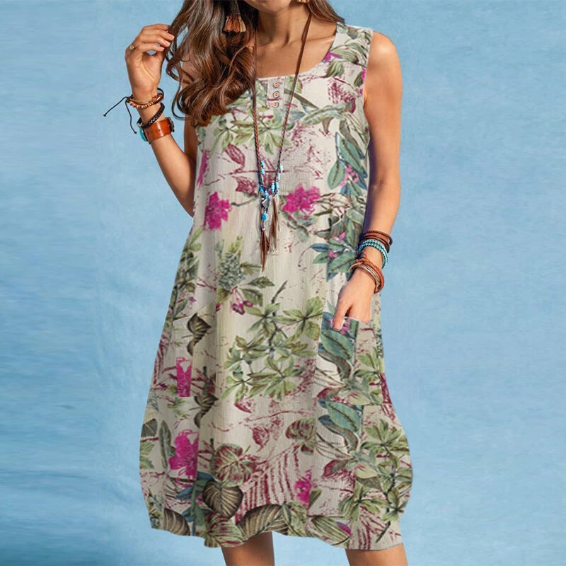 (image for)  Plus Size Women Plant Print Dress Button Pocket Sleeveless Cotton Linen Casual Holiday Midi Dresses S-5XL
