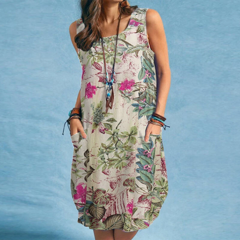 (image for)  Plus Size Women Plant Print Dress Button Pocket Sleeveless Cotton Linen Casual Holiday Midi Dresses S-5XL