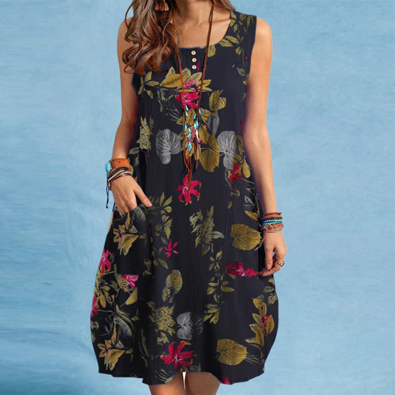 (image for)  Plus Size Women Plant Print Dress Button Pocket Sleeveless Cotton Linen Casual Holiday Midi Dresses S-5XL