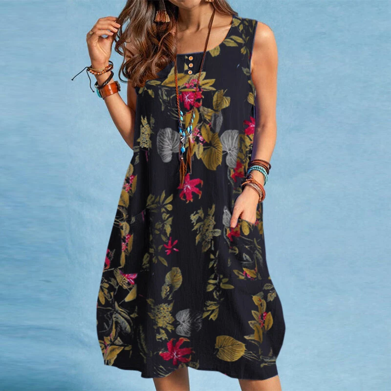 (image for)  Plus Size Women Plant Print Dress Button Pocket Sleeveless Cotton Linen Casual Holiday Midi Dresses S-5XL
