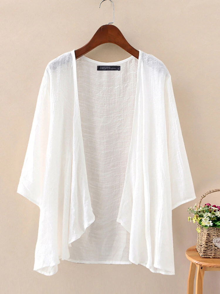(image for)  Plus Size Womens Cardigans Solid Color Cape Summer Beach Sunscreen Linen Cardigan