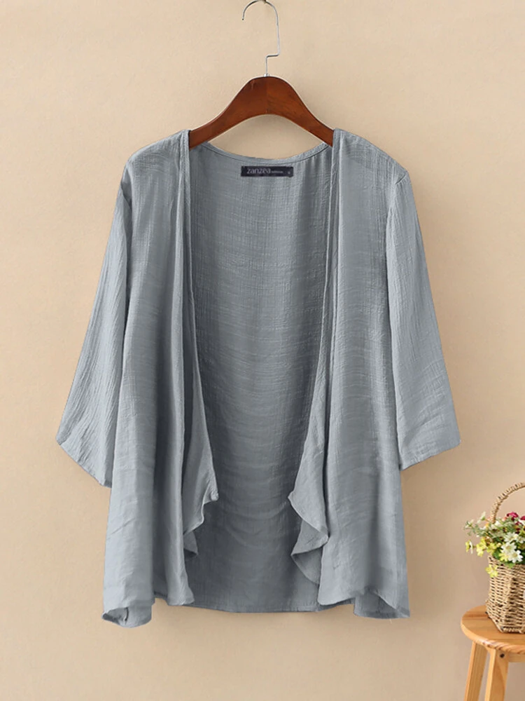 (image for)  Plus Size Womens Cardigans Solid Color Cape Summer Beach Sunscreen Linen Cardigan