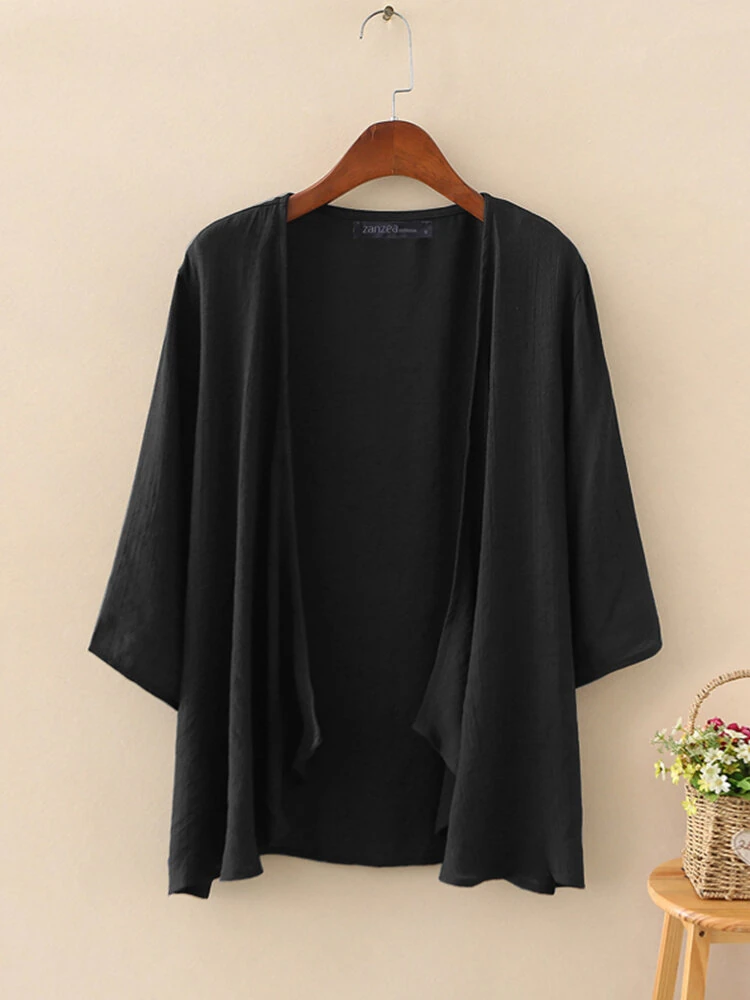 (image for)  Plus Size Womens Cardigans Solid Color Cape Summer Beach Sunscreen Linen Cardigan