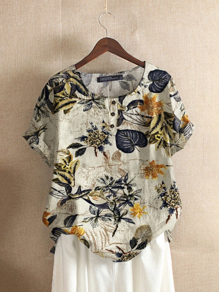 (image for)  Plus Size Women's Shirt Cotton Linen Printed Casual Short Sleeve O Neck Loose Blouse Summer Daily Top for Women