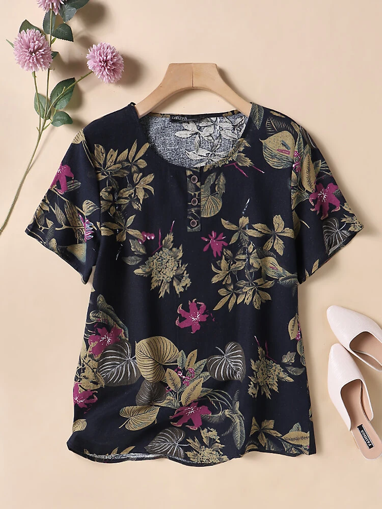 (image for)  Plus Size Women's Shirt Cotton Linen Printed Casual Short Sleeve O Neck Loose Blouse Summer Daily Top for Women