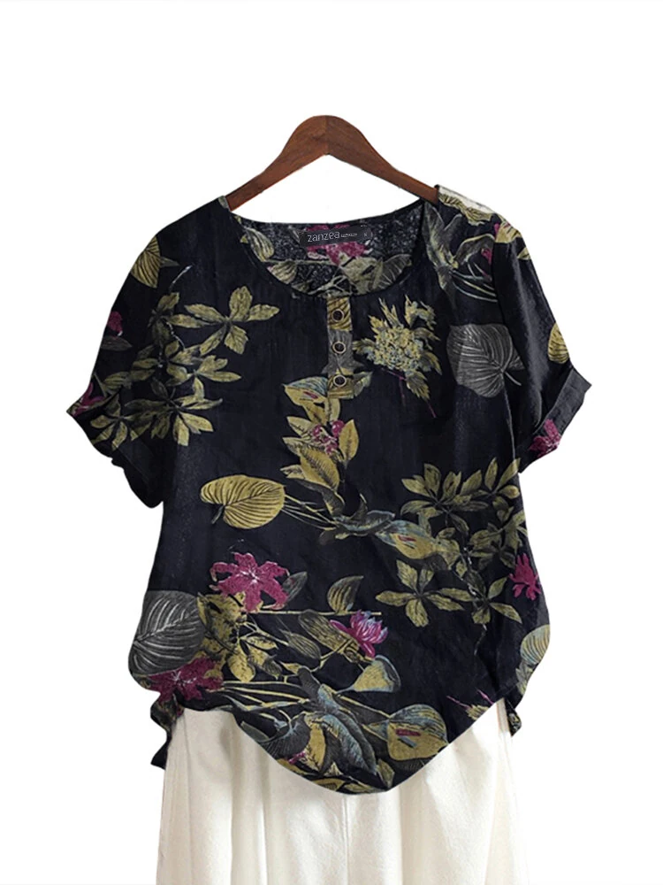(image for)  Plus Size Women's Shirt Cotton Linen Printed Casual Short Sleeve O Neck Loose Blouse Summer Daily Top for Women