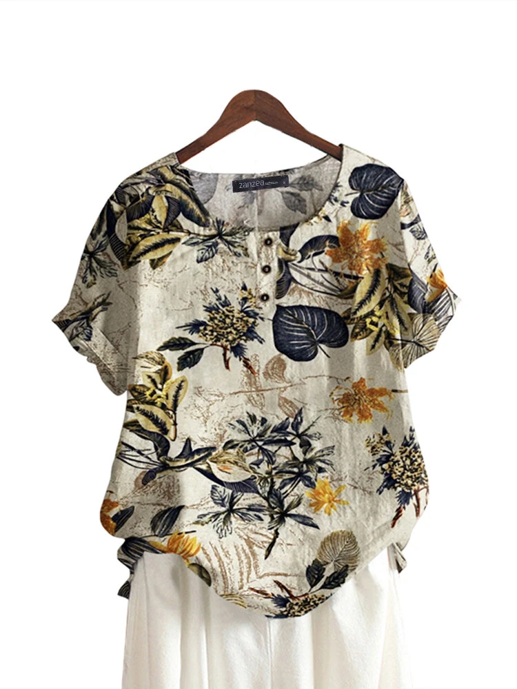 (image for)  Plus Size Women's Shirt Cotton Linen Printed Casual Short Sleeve O Neck Loose Blouse Summer Daily Top for Women