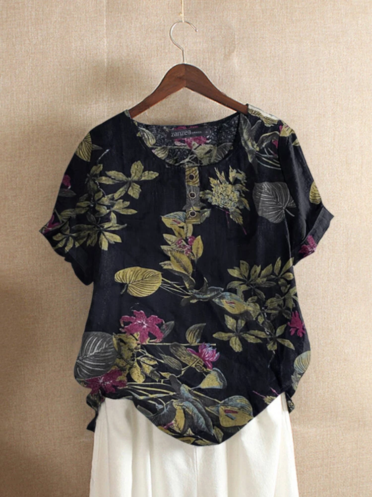 (image for)  Plus Size Women's Shirt Cotton Linen Printed Casual Short Sleeve O Neck Loose Blouse Summer Daily Top for Women