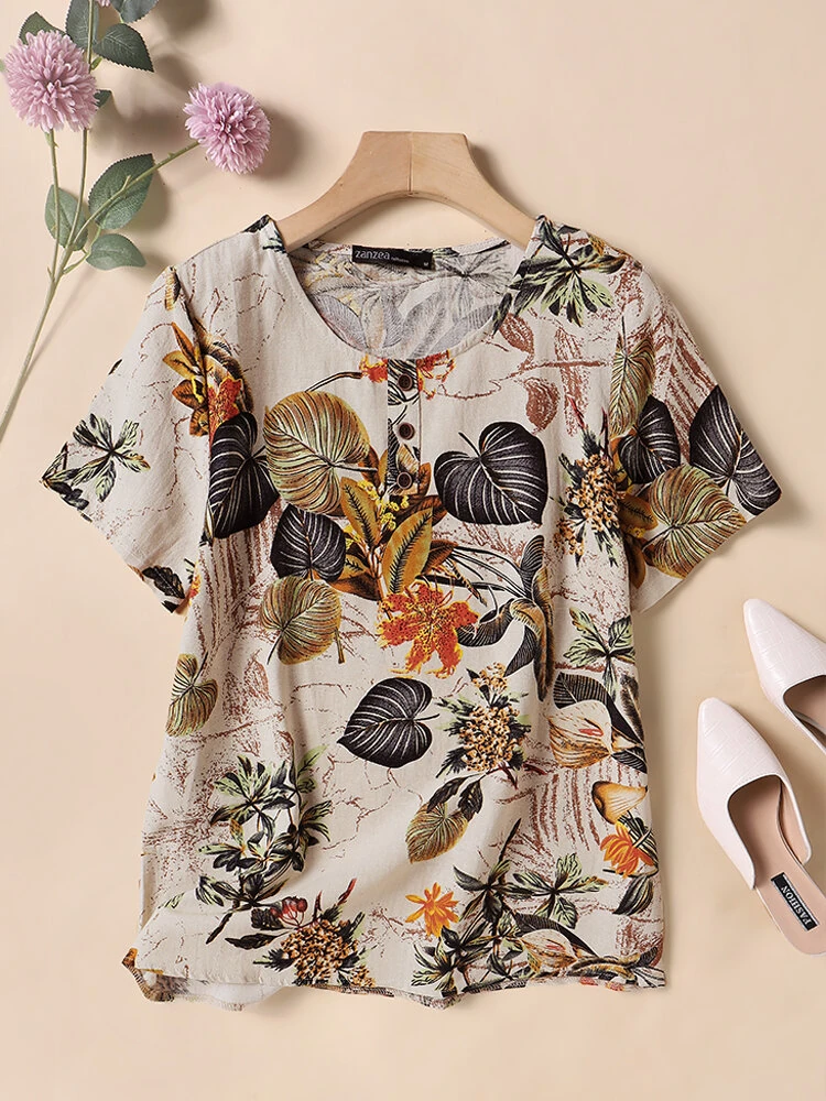(image for)  Plus Size Women's Shirt Cotton Linen Printed Casual Short Sleeve O Neck Loose Blouse Summer Daily Top for Women