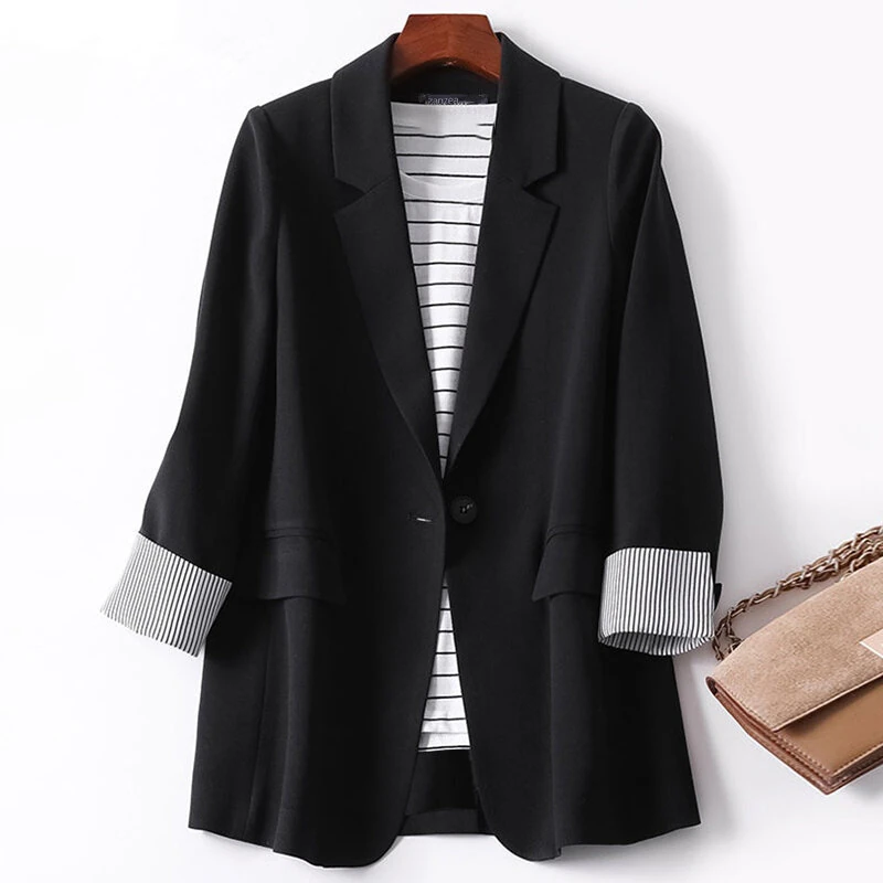 (image for)  Plus Size Women's Stripe Panel Long Sleeve Button Front Lapel Blazer with No Pockets