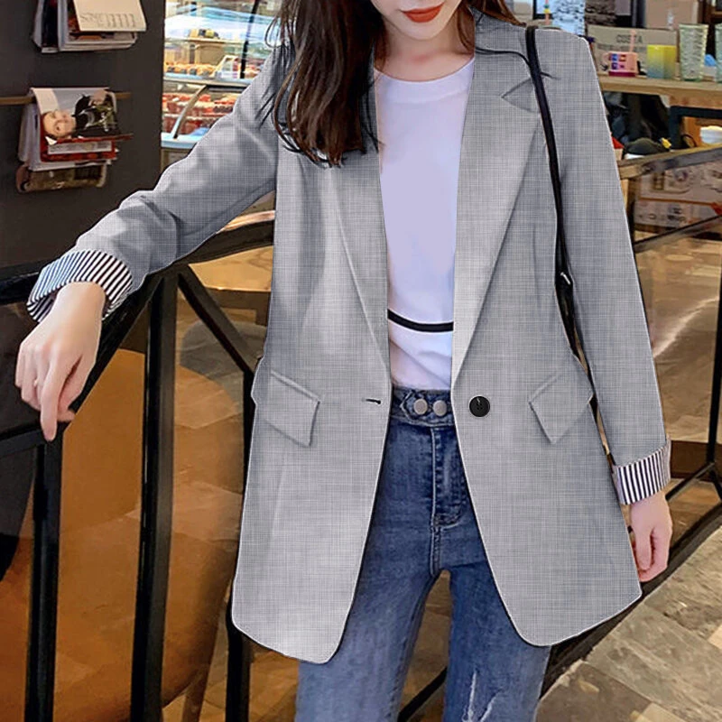 (image for)  Plus Size Women's Stripe Panel Long Sleeve Button Front Lapel Blazer with No Pockets