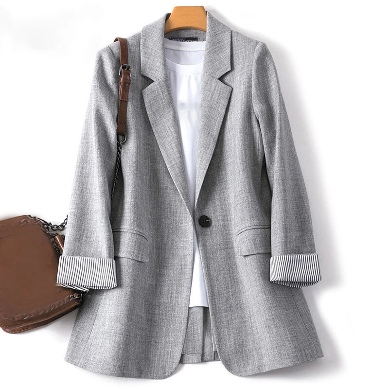 (image for)  Plus Size Women's Stripe Panel Long Sleeve Button Front Lapel Blazer with No Pockets