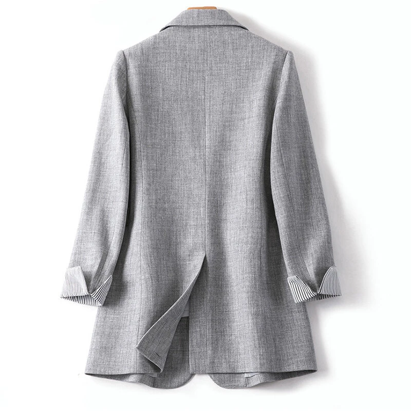 (image for)  Plus Size Women's Stripe Panel Long Sleeve Button Front Lapel Blazer with No Pockets