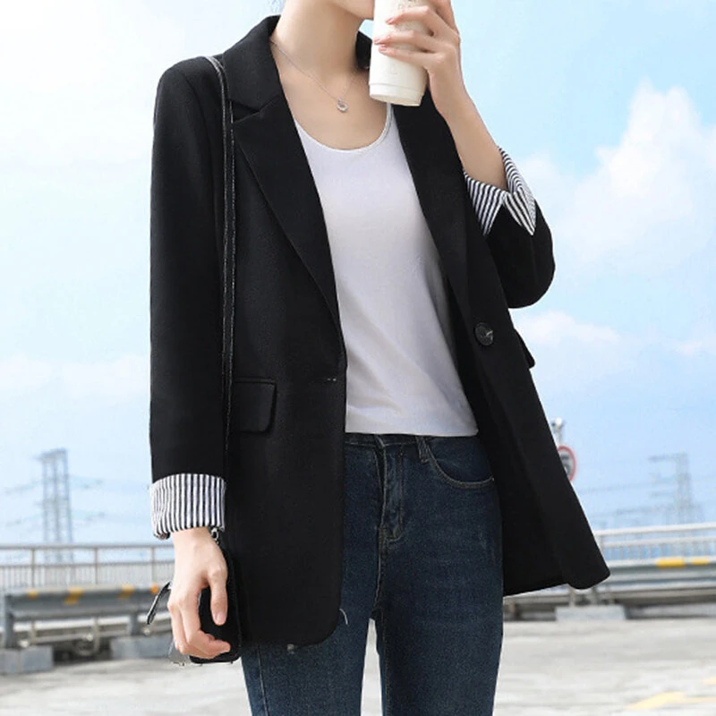(image for)  Plus Size Women's Stripe Panel Long Sleeve Button Front Lapel Blazer with No Pockets