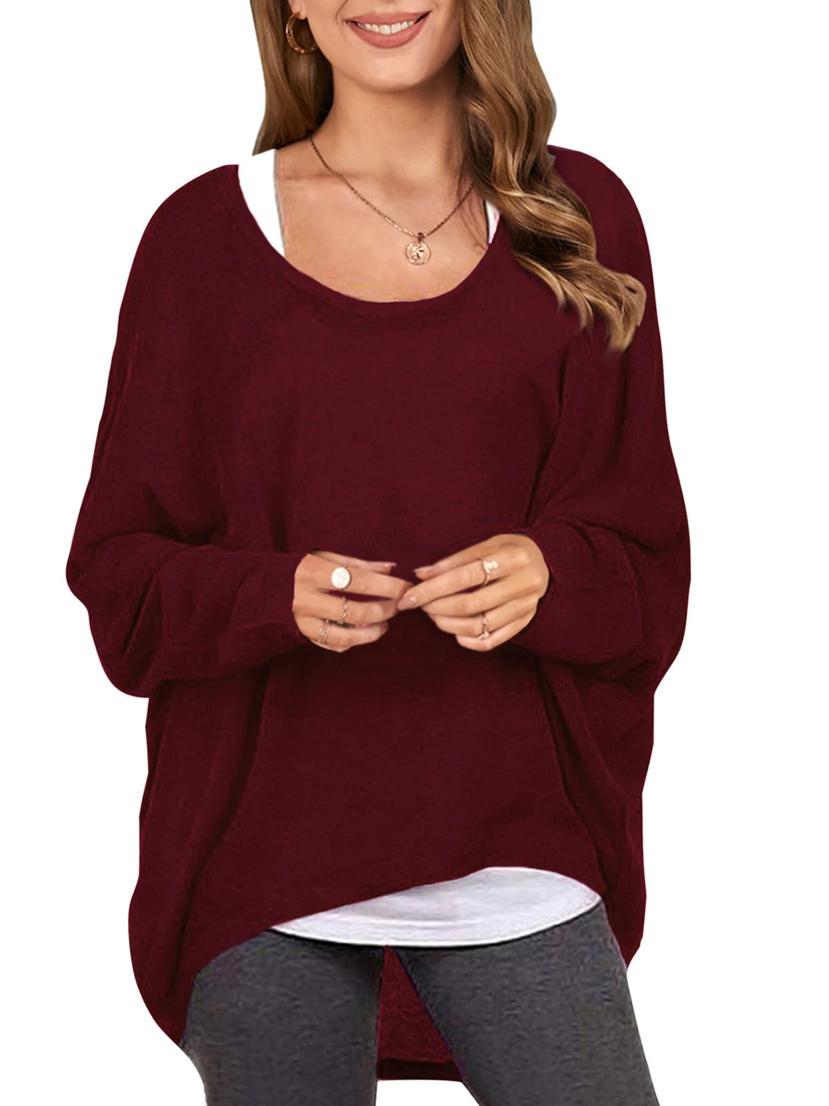 (image for)  Plus Size Womens T-shirt Long Bat Sleeve Round Neck Loose Solid Color Pullover Plus Size Casual Shirt T-shirt
