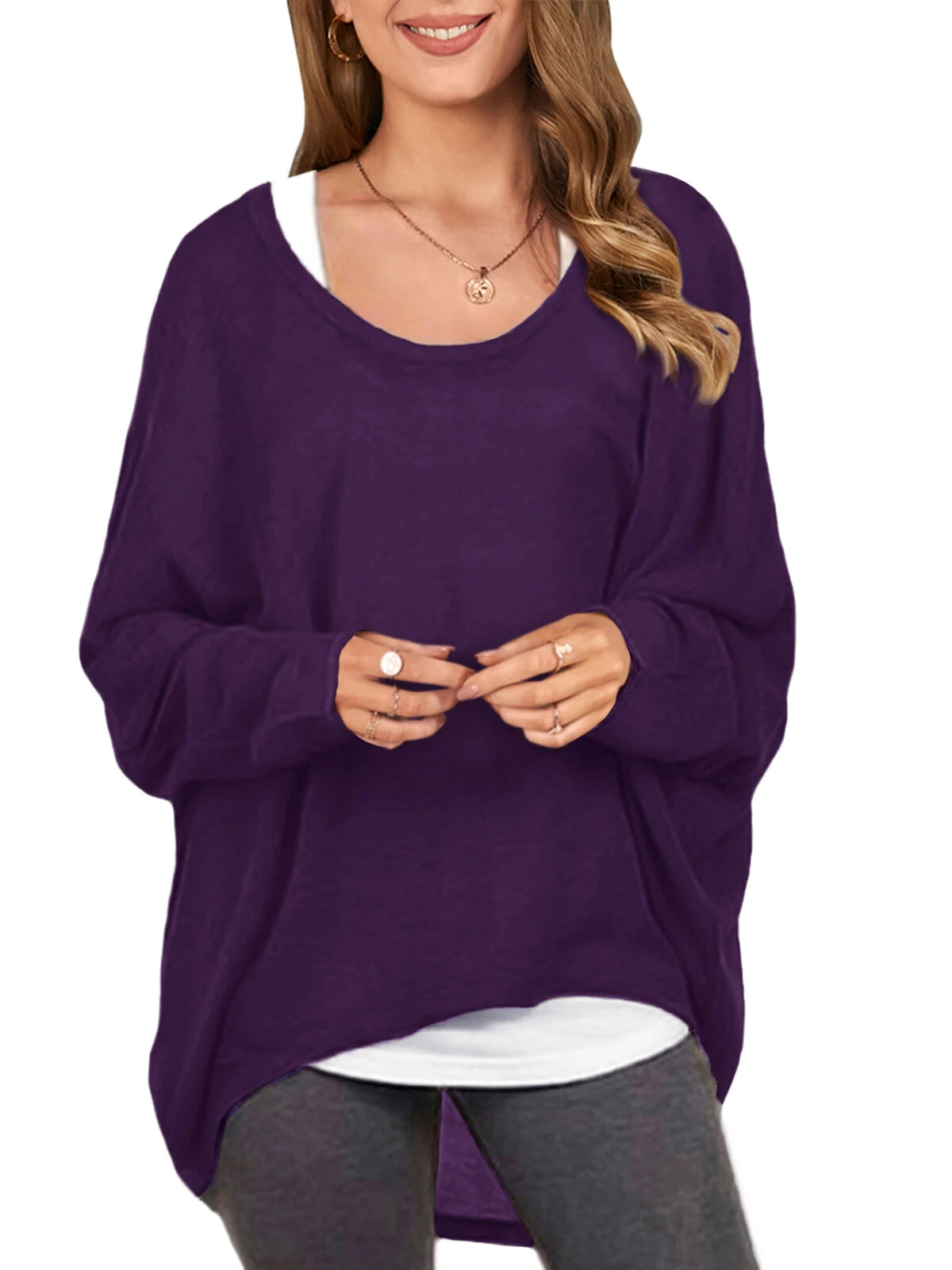 (image for)  Plus Size Womens T-shirt Long Bat Sleeve Round Neck Loose Solid Color Pullover Plus Size Casual Shirt T-shirt