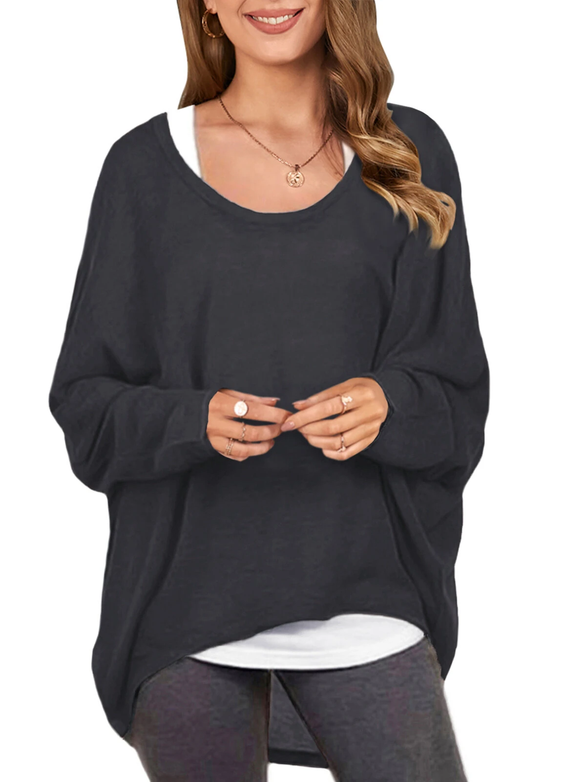 (image for)  Plus Size Womens T-shirt Long Bat Sleeve Round Neck Loose Solid Color Pullover Plus Size Casual Shirt T-shirt
