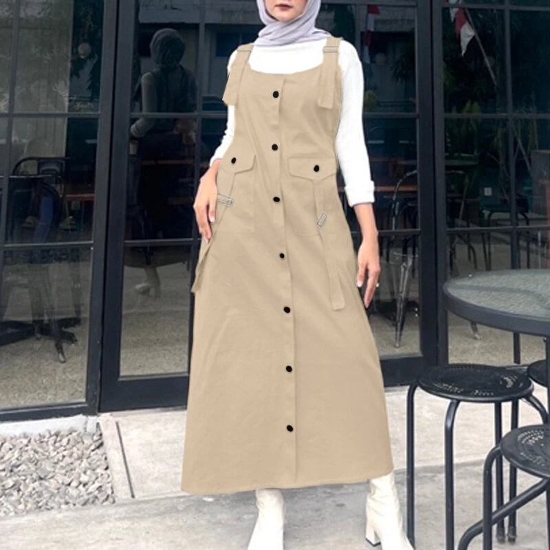 (image for)  Solid Womens Square Neck Strappy Bib Dress Casual Loose Long Dresses
