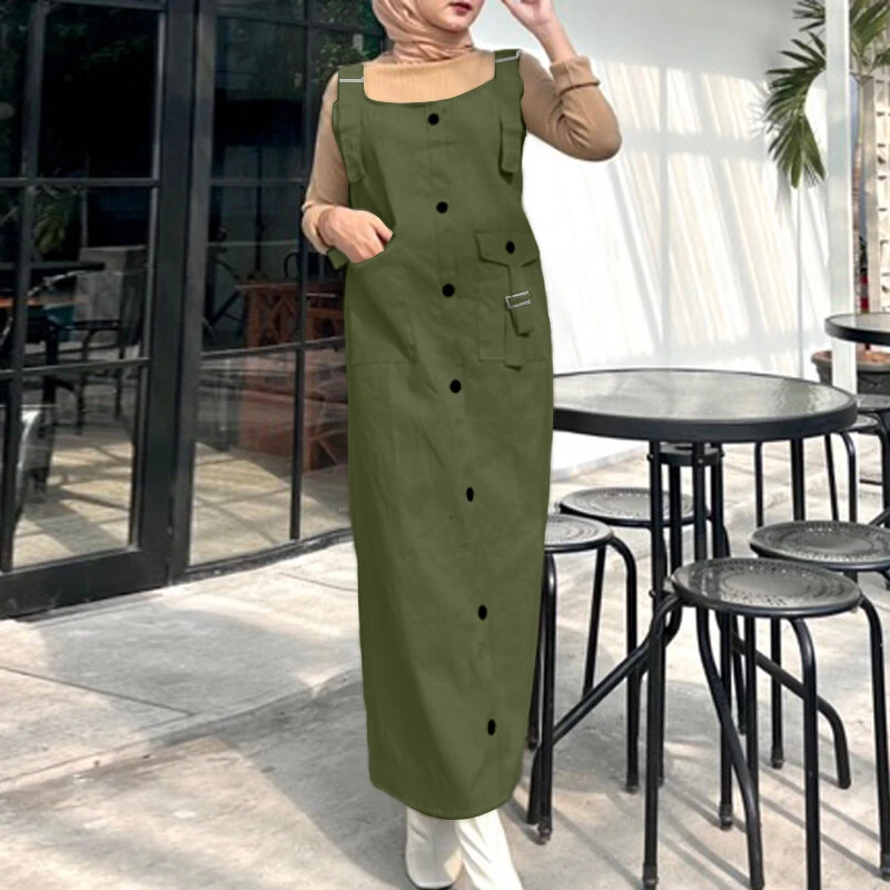 (image for)  Solid Womens Square Neck Strappy Bib Dress Casual Loose Long Dresses