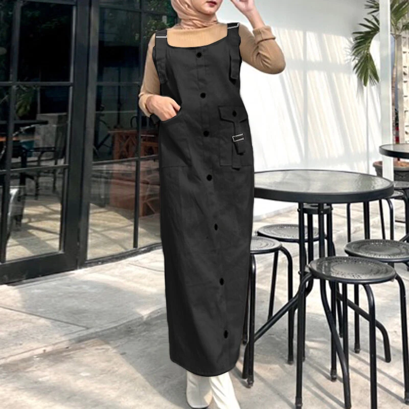 (image for)  Solid Womens Square Neck Strappy Bib Dress Casual Loose Long Dresses